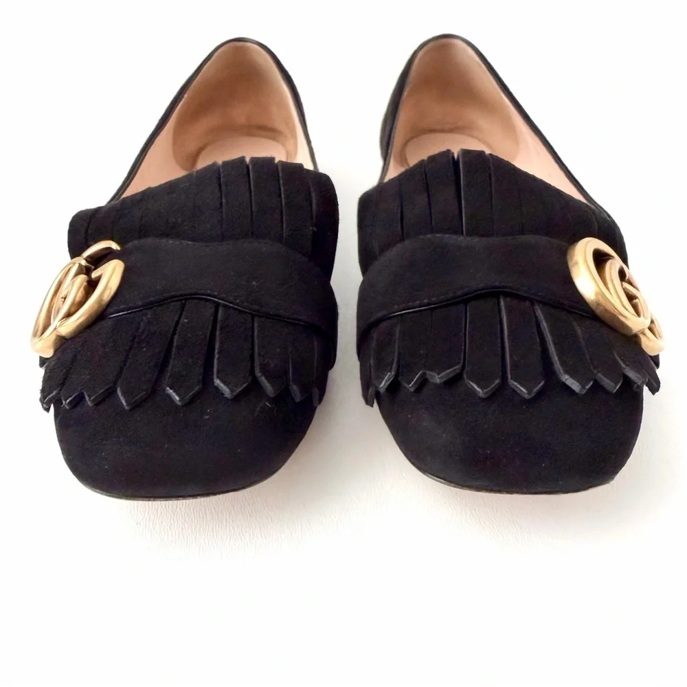 GUCCI | Marmont GG Fringe Suede Ballet Flats Black Gold Logo Size 37